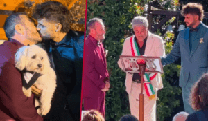 Claudio Insegno durante la cerimonia di matrimonio con Stefano Minotti