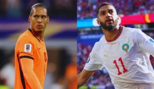 Giocatori di Olanda e Marocco durante una fase di gioco della partita ai Mondiali 2026.